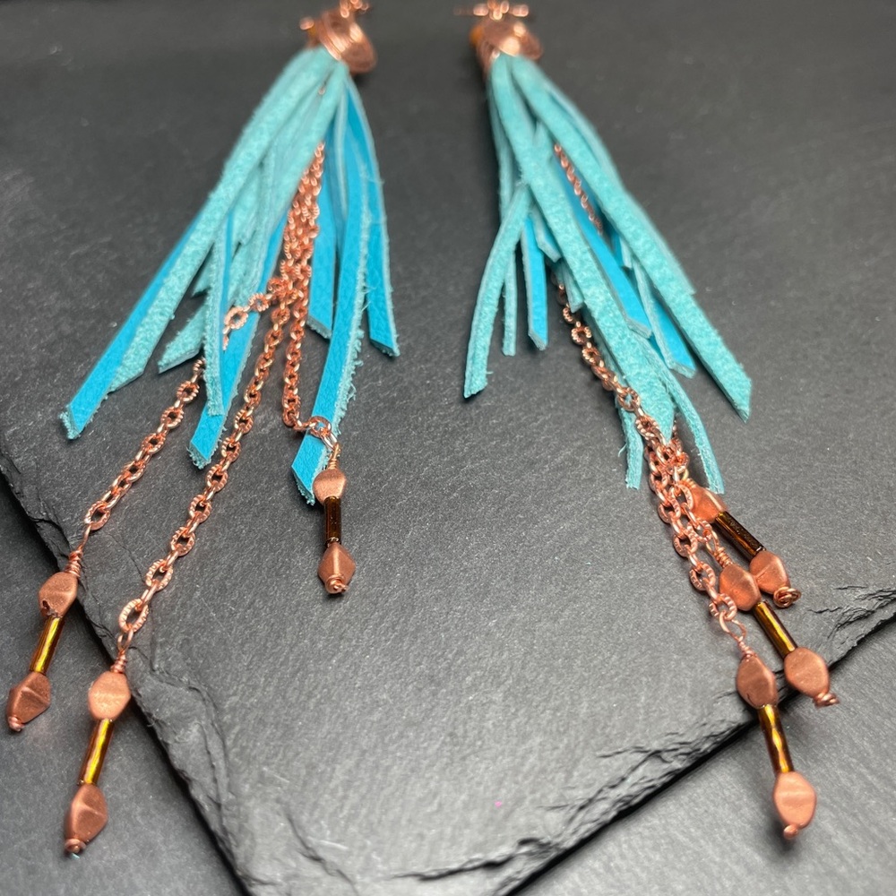 Natural Jasper And Genuine Turquoise Blue Leather Fringe And Copper Artisan - Picture 8 of 14